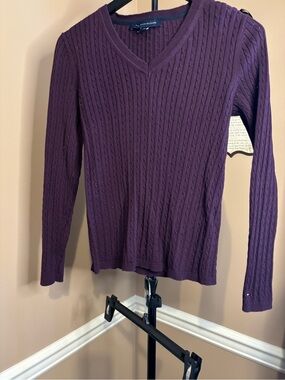 Tommy Hilfiger Deep Plum Cable V-Neck Sweater
